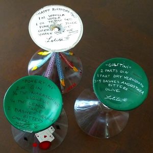 Lolita lot of 3 Martini glasses, Pokertini, Golftini, Happy birthday-tini